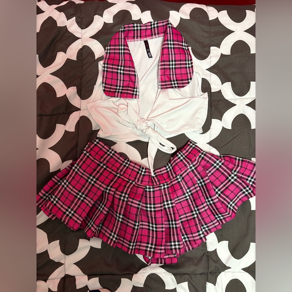 Sexy Pink Plaid Skirt and Vest Set